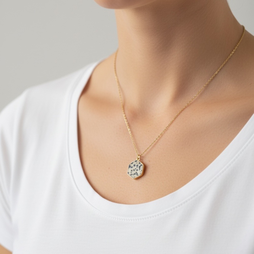 Gold Hexagon Dalmatian Jasper Pendant Necklace - Women - Picture 2 of 2